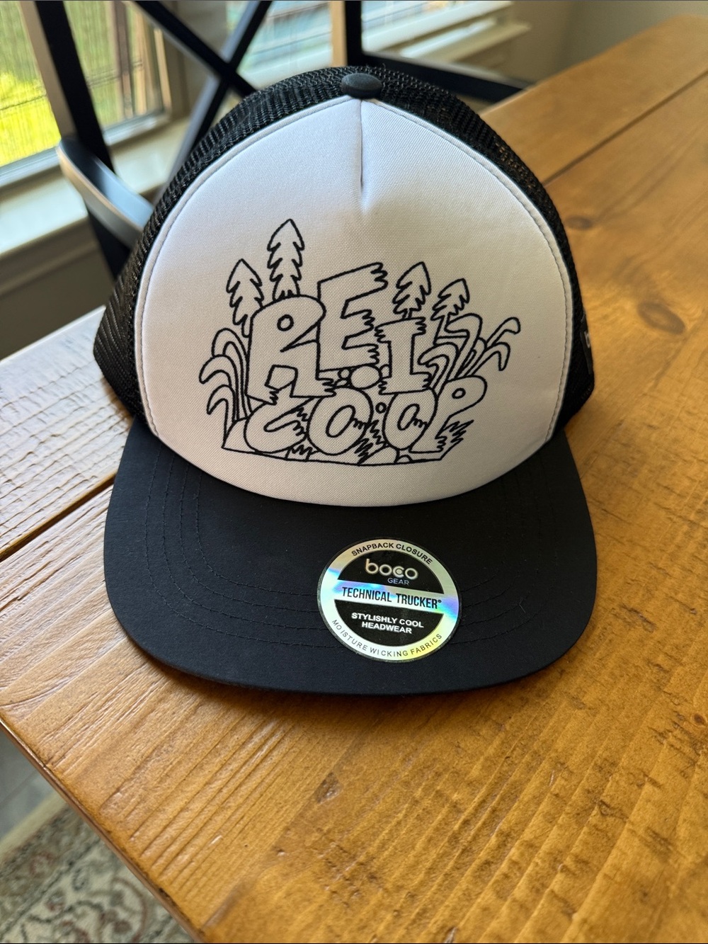 Boco REI Coop Black and White Trucker Hat with Line-Art Graphic